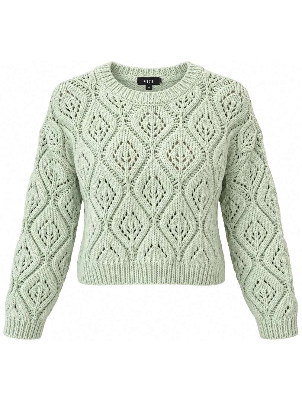 VICI Women’s M Mint Green Open Knit Pointelle Leaf Cropped Sweater